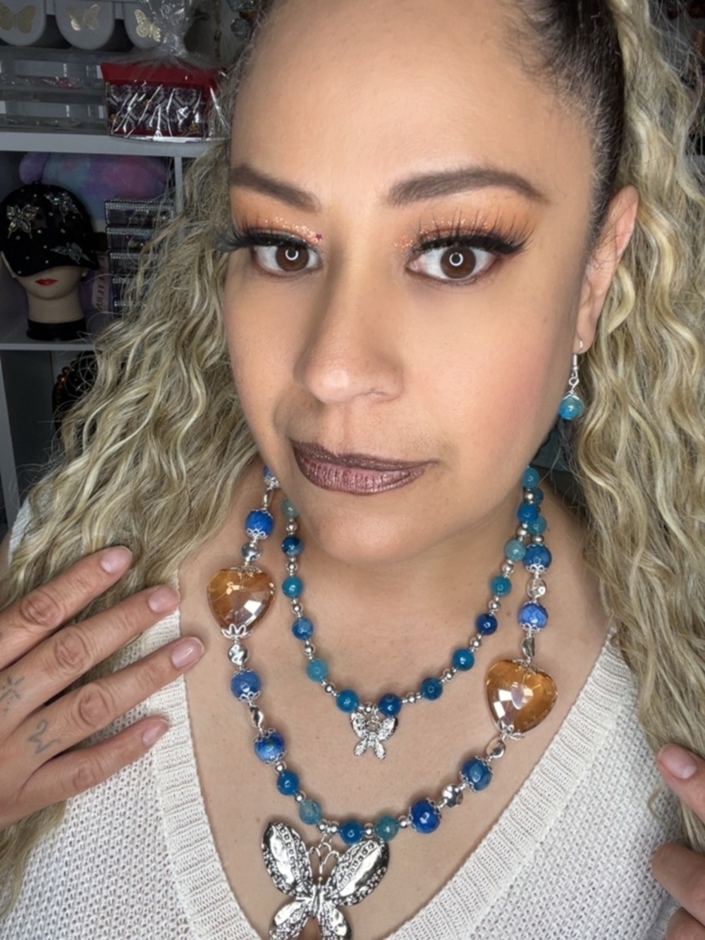Handmade Blue Beaded Necklace with Amber Heart Accents